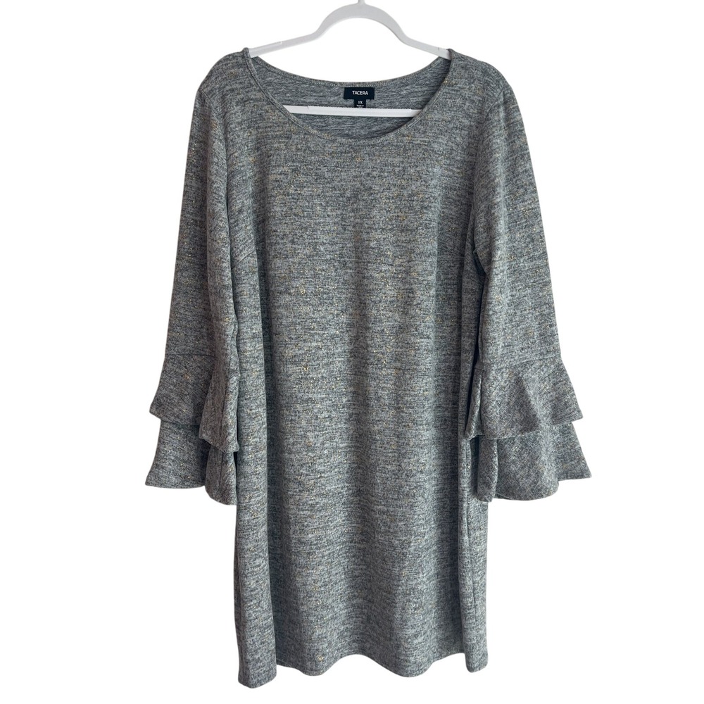 a.n.a Women's 1X Heather Gray Gold Speckle Bell‎ Sleeve Knit Midi Sweater Dress
